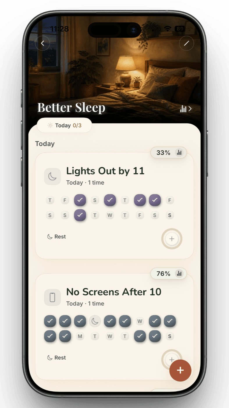 iPhoneに表示されたSonaのBetter Sleepスペースと習慣カード。